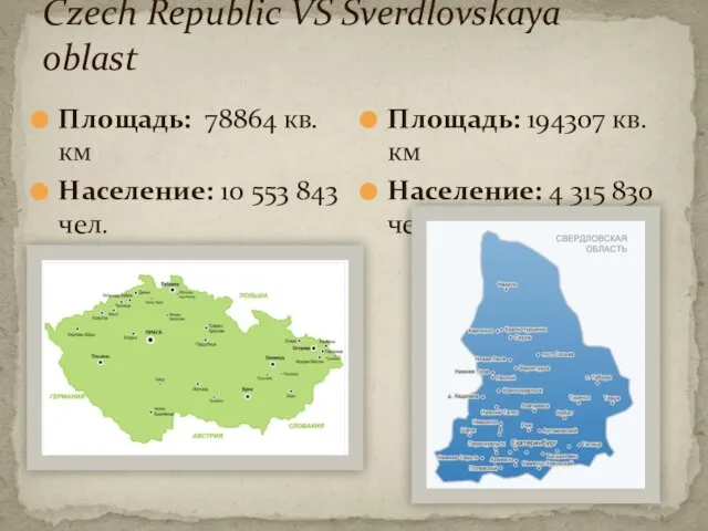 Czech Republic VS Sverdlovskaya oblast Площадь: 78864 кв.км Население: 10 553 843
