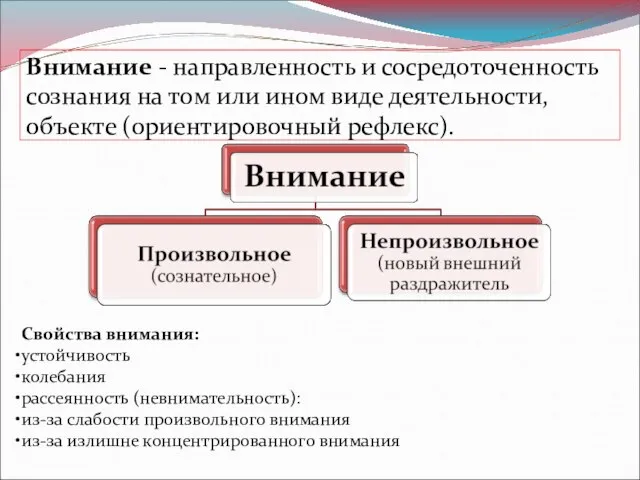 Внимание - направленность и сосредоточенность сознания на том или ином виде деятельности,