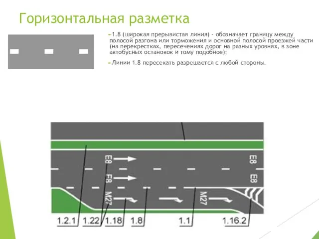 Горизонтальная разметка 1.8 (широкая прерывистая линия) - обозначает границу между полосой разгона