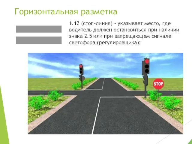 Горизонтальная разметка 1.12 (стоп-линия) - указывает место, где водитель должен остановиться при