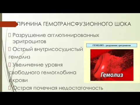 ПРИЧИНА ГЕМОТРАНСФУЗИОННОГО ШОКА Разрушение агглютинированных эритроцитов Острый внутрисосудистый гемолиз Увеличение уровня свободного