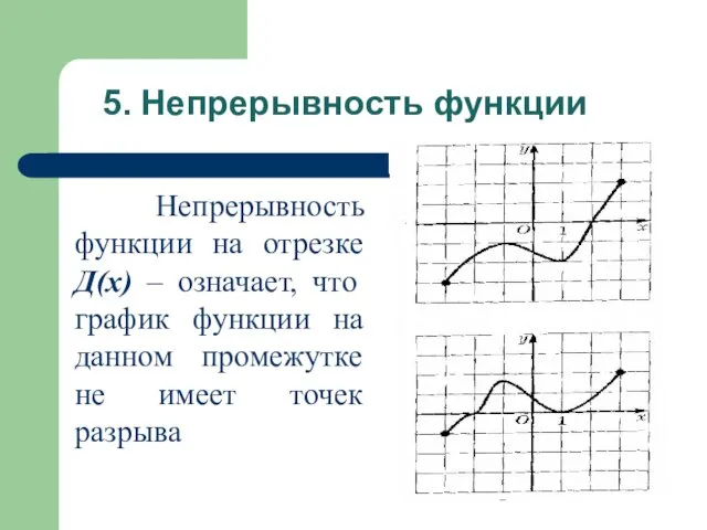 5. Непрерывность функции Непрерывность функции на отрезке Д(х) – означает, что график