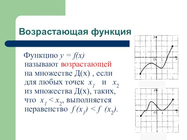 Возрастающая функция Функцию у = f(x) называют возрастающей на множестве Д(х) ,