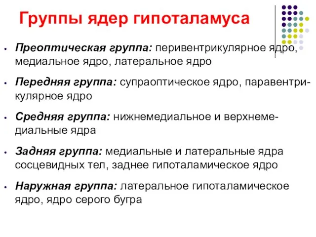 Группы ядер гипоталамуса Преоптическая группа: перивентрикулярное ядро, медиальное ядро, латеральное ядро Передняя