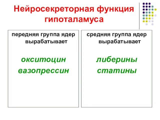 Нейросекреторная функция гипоталамуса передняя группа ядер вырабатывает окситоцин вазопрессин средняя группа ядер вырабатывает либерины статины