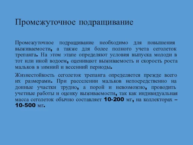 Промежуточное подращивание Промежуточное подращивание необходимо для повышения выживаемости, а также для более