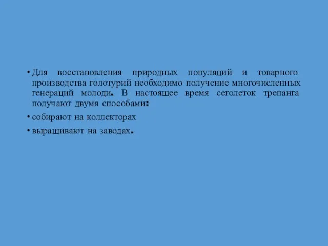 Для восстановления природных популяций и товарного производства голотурий необходимо получение многочисленных генераций