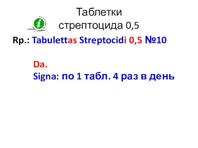 Таблетки стрептоцида 0,5 Rp.: Tabulettas Streptocidi 0,5 №10 Da. Signa: по 1