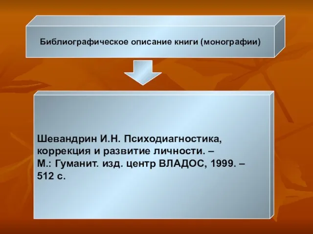 Библиографическое описание книги (монографии) Шевандрин И.Н. Психодиагностика, коррекция и развитие личности. –