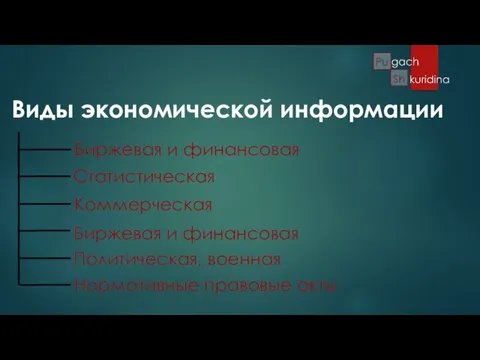 Виды экономической информации Биржевая и финансовая Статистическая Коммерческая Биржевая и финансовая Политическая, военная Нормативные правовые акты