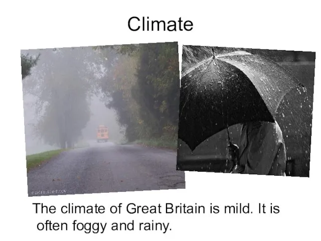 Climate The climate of Great Britain is mild. It is often foggy and rainy.