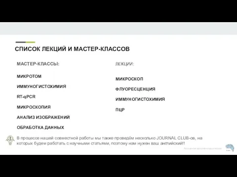 СПИСОК ЛЕКЦИЙ И МАСТЕР-КЛАССОВ МИКРОТОМ ИММУНОГИСТОХИМИЯ RT-qPCR МИКРОСКОПИЯ АНАЛИЗ ИЗОБРАЖЕНИЙ ОБРАБОТКА ДАННЫХ