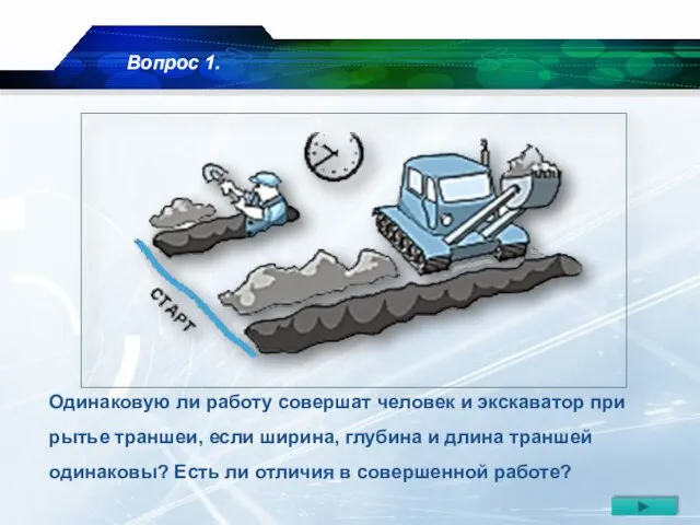 Одинаковую ли работу совершат человек и экскаватор при рытье траншеи, если ширина,