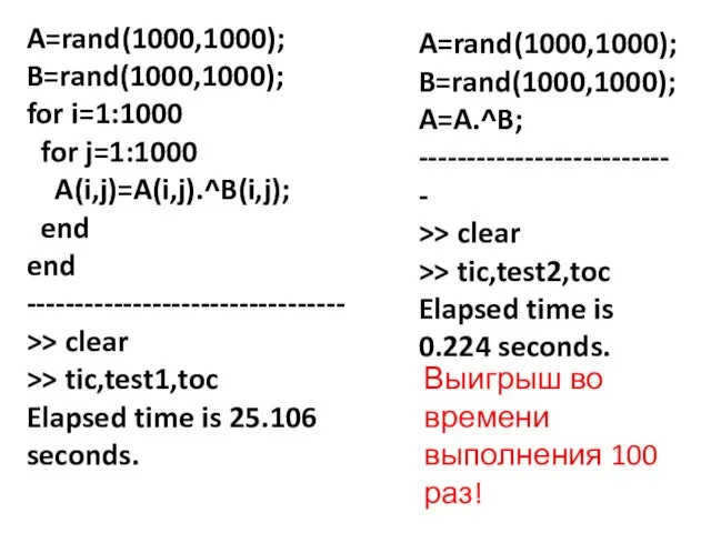 A=rand(1000,1000); B=rand(1000,1000); for i=1:1000 for j=1:1000 A(i,j)=A(i,j).^B(i,j); end end --------------------------------- >> clear