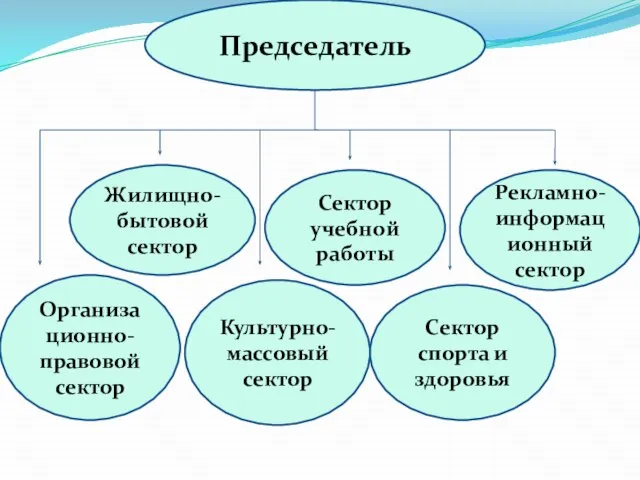 Председатель Организационно-правовой сектор Жилищно-бытовой сектор Культурно-массовый сектор Сектор учебной работы Сектор спорта и здоровья Рекламно-информационный сектор