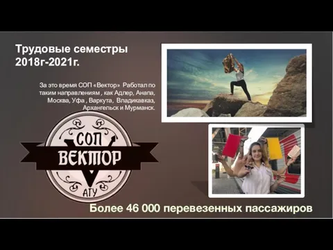 Трудовые семестры 2018г-2021г. За это время СОП «Вектор» Работал по таким направлениям