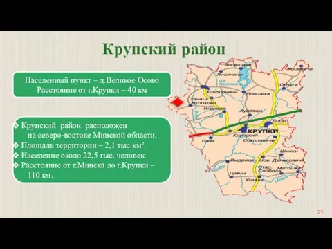 Крупский район Крупский район расположен на северо-востоке Минской области. Площадь территории –