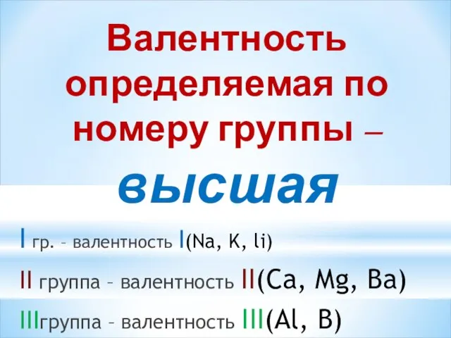 Валентность определяемая по номеру группы –высшая I гр. – валентность I(Na, K,