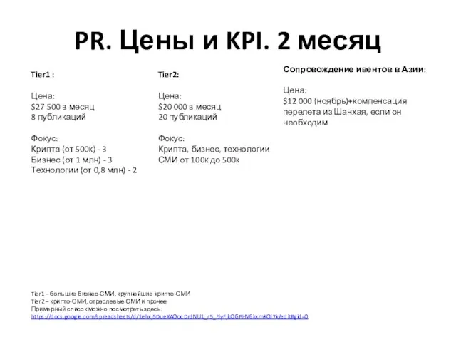 PR. Цены и KPI. 2 месяц Tier1 : Цена: $27 500 в