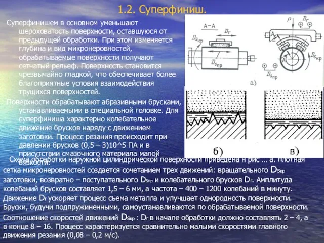 1.2. Суперфиниш. Суперфинишем в основном уменьшают шероховатость поверхности, оставшуюся от предыдущей обработки.