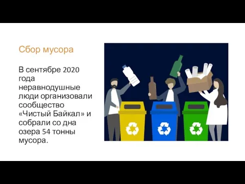Сбор мусора В сентябре 2020 года неравнодушные люди организовали сообщество «Чистый Байкал»