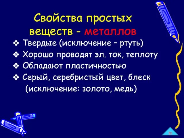 Свойства простых веществ - металлов Твердые (исключение – ртуть) Хорошо проводят эл.