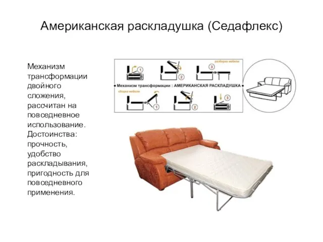 Американская раскладушка (Седафлекс) Механизм трансформации двойного сложения, рассчитан на повседневное использование. Достоинства: