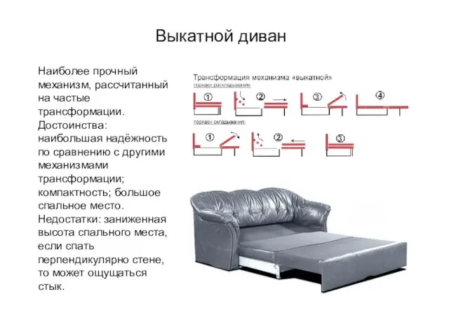 Выкатной диван Наиболее прочный механизм, рассчитанный на частые трансформации. Достоинства: наибольшая надёжность