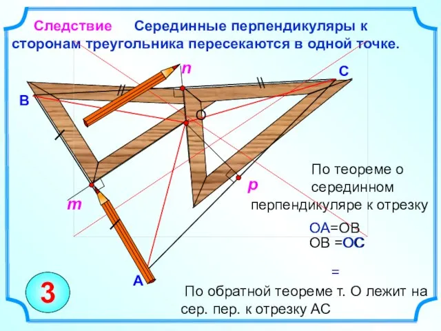 По теореме о серединном перпендикуляре к отрезку Серединные перпендикуляры к сторонам треугольника