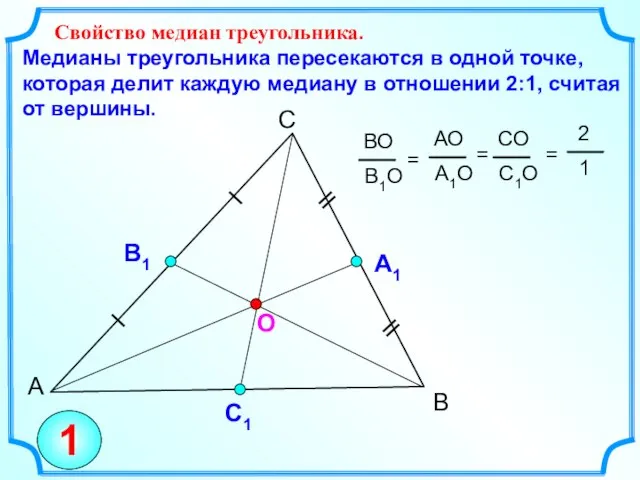 А С В Свойство медиан треугольника. Медианы треугольника пересекаются в одной точке,