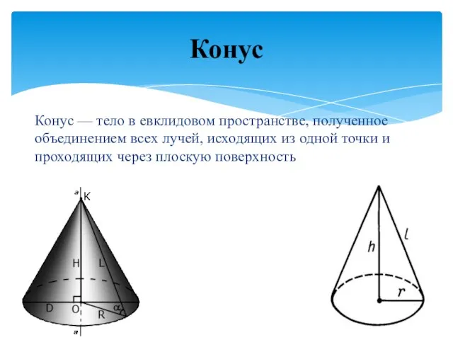 Конус — тело в евклидовом пространстве, полученное объединением всех лучей, исходящих из