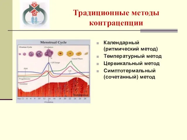 Традиционные методы контрацепции Календарный (ритмический метод) Температурный метод Цервикальный метод Симптотермальный (сочетанный) метод