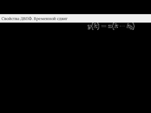 Свойства ДВПФ. Временной сдвиг Пусть дан сигнал, задержанный на величину k0: Спектр