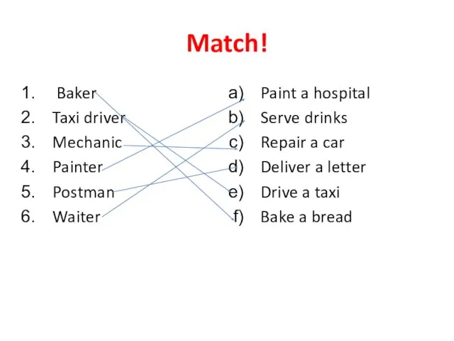 Match! Baker Taxi driver Mechanic Painter Postman Waiter Paint a hospital Serve