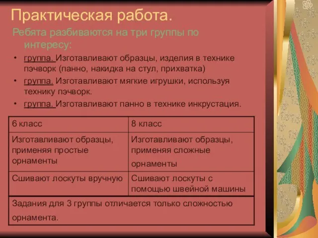 Практическая работа. Ребята разбиваются на три группы по интересу: группа. Изготавливают образцы,