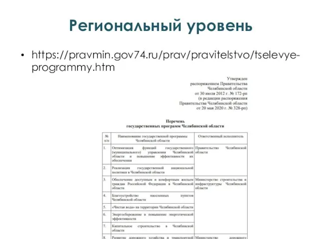 Региональный уровень https://pravmin.gov74.ru/prav/pravitelstvo/tselevye-programmy.htm