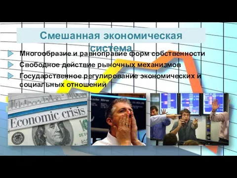 Смешанная экономическая система Многообразие и равноправие форм собственности Свободное действие рыночных механизмов