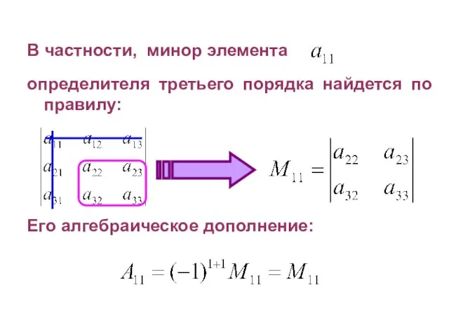 В частности, минор элемента определителя третьего порядка найдется по правилу: Его алгебраическое дополнение: