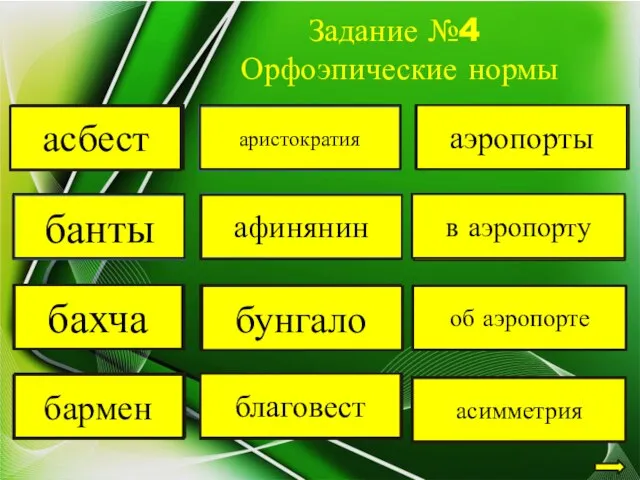 Задание №4 Орфоэпические нормы асбЕст асбест бАнты банты бахчА бахча бАрмен бармен