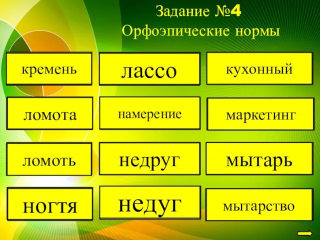 Задание №4 Орфоэпические нормы кремЕнь кремень ломОта ломота ломОть ломоть нОгтя ногтя