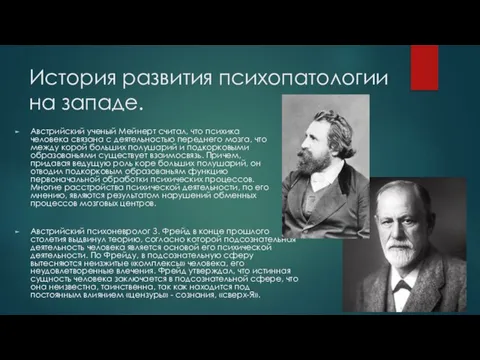 История развития психопатологии на западе. Австрийский ученый Мейнерт считал, что психика человека