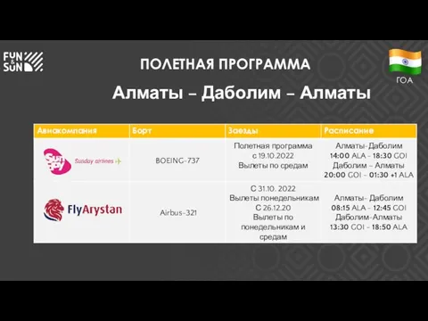 ПОЛЕТНАЯ ПРОГРАММА Алматы – Даболим – Алматы ГОА