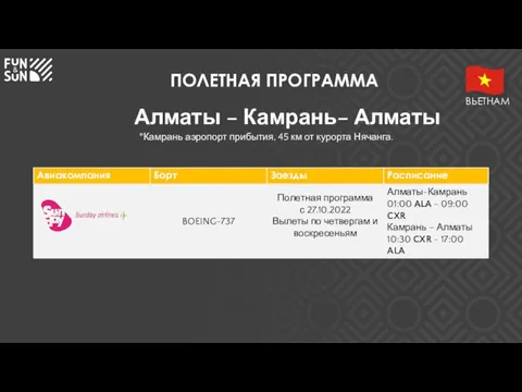 ПОЛЕТНАЯ ПРОГРАММА Алматы – Камрань– Алматы *Камрань аэропорт прибытия, 45 км от курорта Нячанга. ВЬЕТНАМ