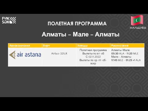 ПОЛЕТНАЯ ПРОГРАММА Алматы – Мале – Алматы МАЛЬДИВЫ