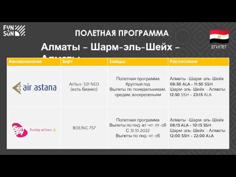 ПОЛЕТНАЯ ПРОГРАММА Алматы – Шарм-эль-Шейх –Алматы ЕГИПЕТ