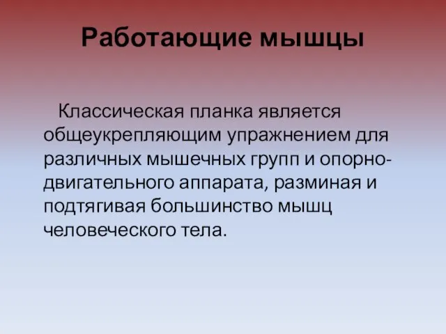 Работающие мышцы Классическая планка является общеукрепляющим упражнением для различных мышечных групп и