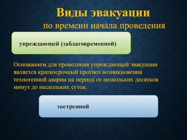 упреждающей (заблаговременной) экстренной Основанием для проведения упреж­дающей эвакуации является краткосрочный прогноз возникновения