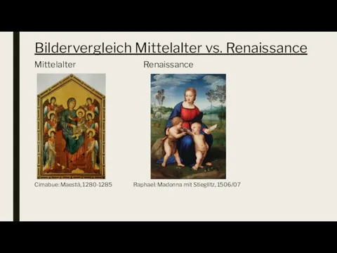 Bildervergleich Mittelalter vs. Renaissance Mittelalter Renaissance Cimabue: Maestà, 1280-1285 Raphael: Madonna mit Stieglitz, 1506/07