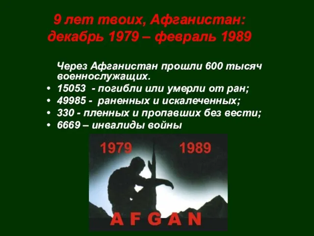 9 лет твоих, Афганистан: декабрь 1979 – февраль 1989 Через Афганистан прошли