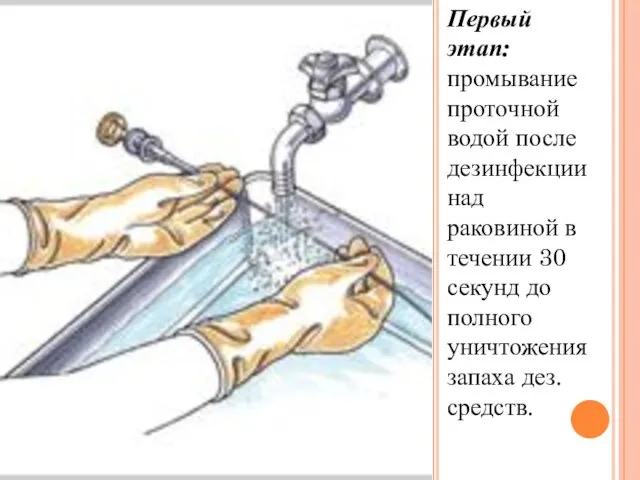 Первый этап: промывание проточной водой после дезинфекции над раковиной в течении 30